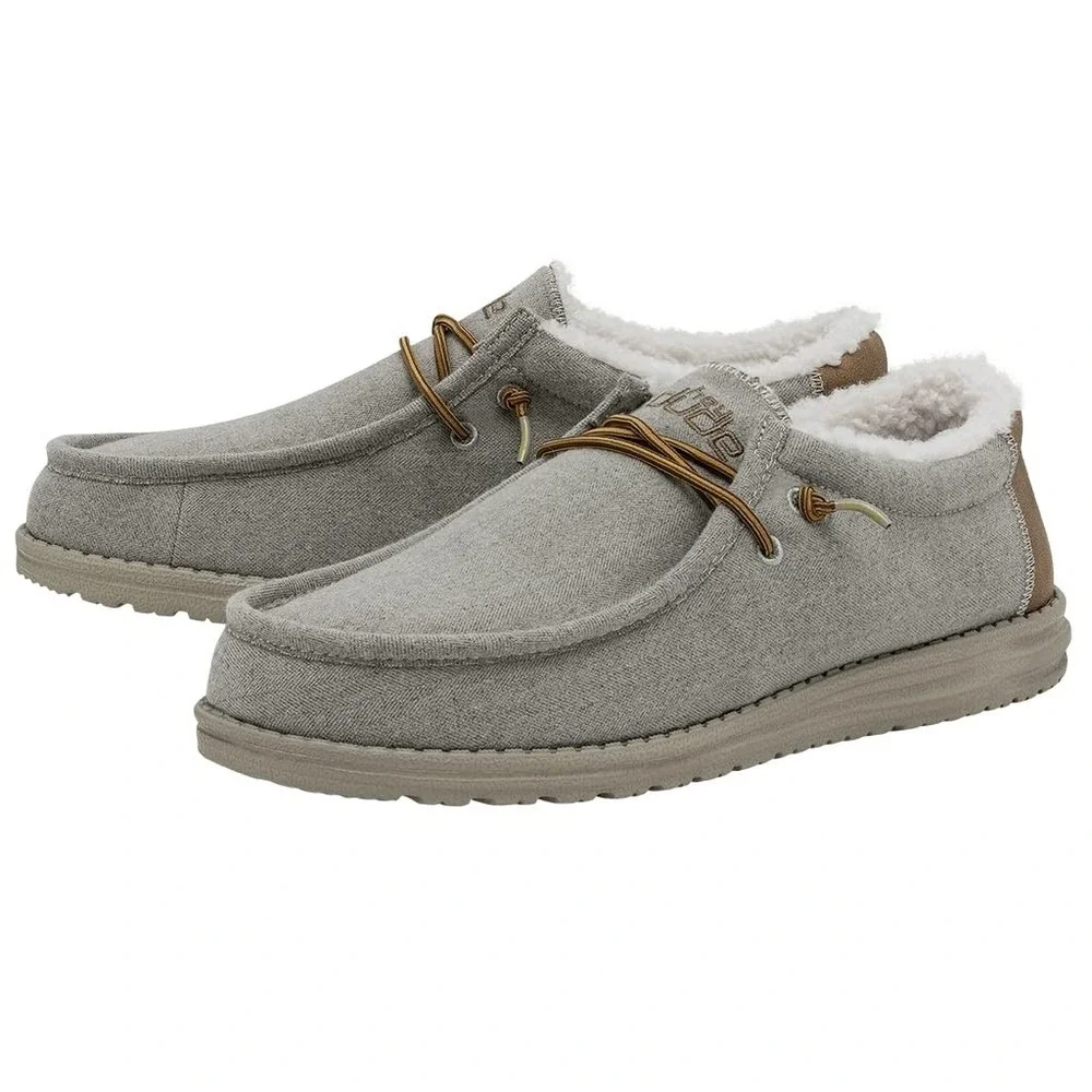 HEYDUDE Mens Wally Grey Herringbone Faux Fur Lined Slip On Loafers Shoes Size 12